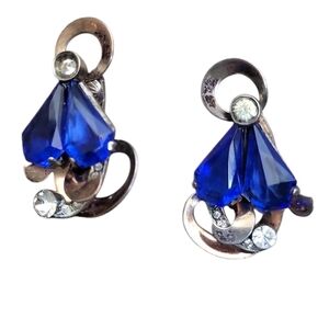 Sterling Curl Swirl Ribbon Blue Rhinestone Clear Crystal Clip On Earrings